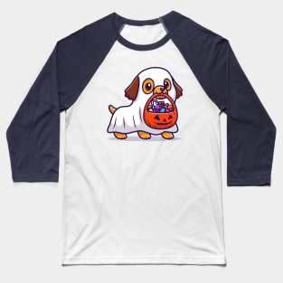 Cute Ghost Dog With Pumpkin Halloween Cartoon Baseball T-Shirt